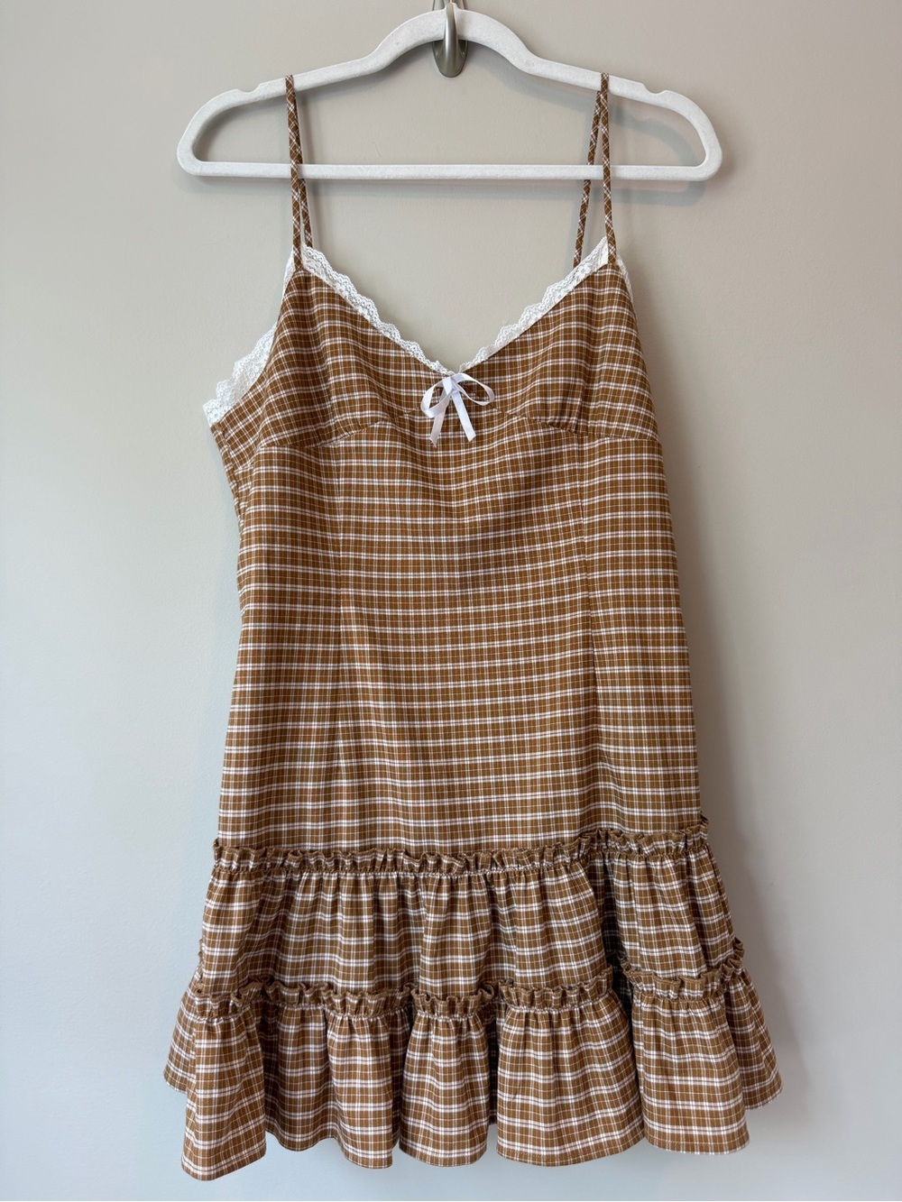 Lioness Yves Mini Dress Chocolate Check Sz L Tiered Ruffle Lace Trim